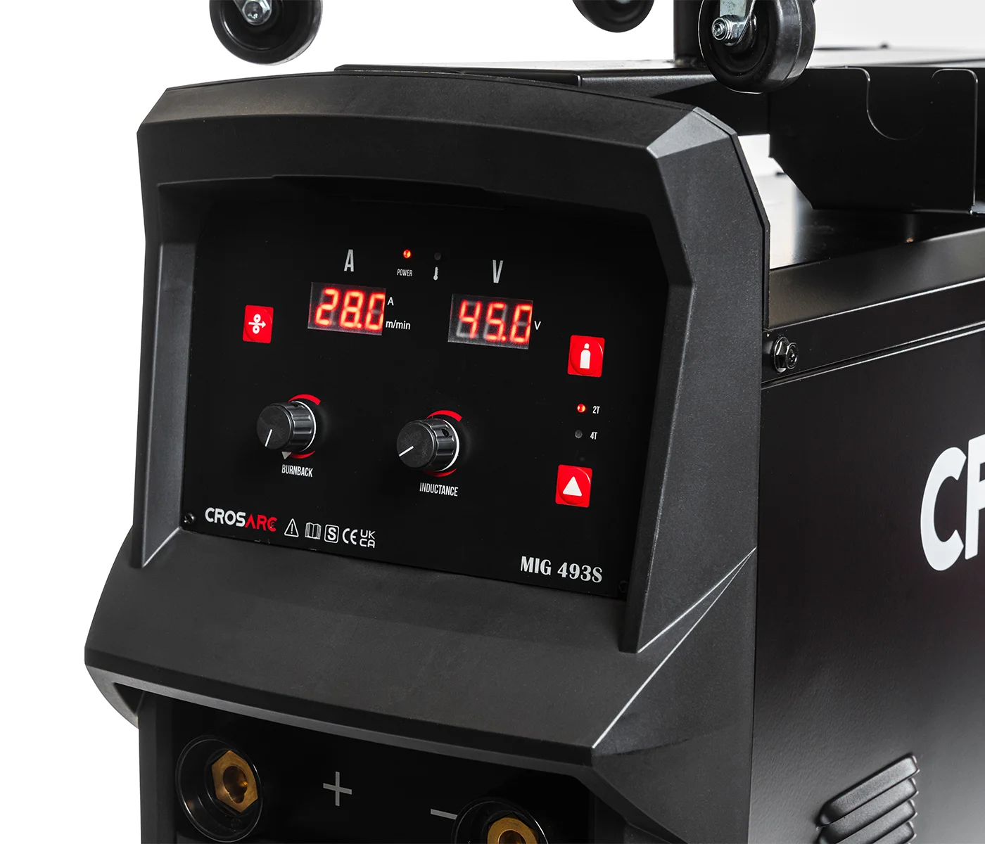 Welder display with digital amp and voltage, control buttons and knobs for inductance and burnback.